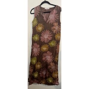 Fresh Produce Brown Floral Linen Sleeveless V-Neck Midi Dress Womens Medium